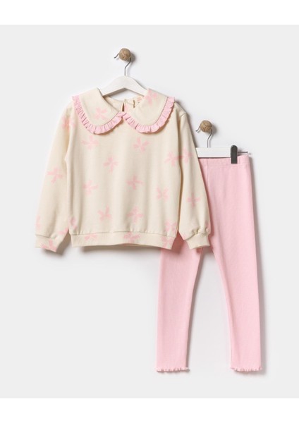 Kız Çocuk Pamuklu Ekru Kurdele Desenli Fırfırlı Yaka Sweat ve Pembe Tayt Takım
