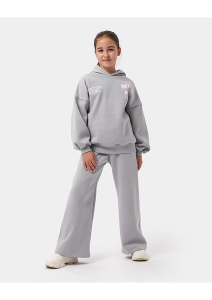Kız Çocuk Pamuklu Gri Kapüşonlu Sweatshirt ve Palazzo Eşofman Takımı