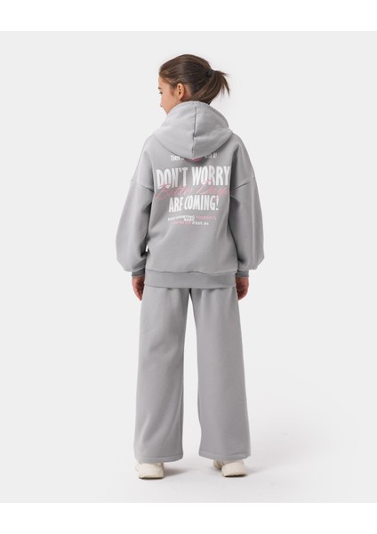Kız Çocuk Pamuklu Gri Kapüşonlu Sweatshirt ve Palazzo Eşofman Takımı fırsatları