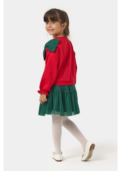 Kız Çocuk Pamuklu Kırmızı Fiyonklu Sweatshirt Yeşil Tüllü Etekli Takım - Şık ve Konforlu Kombin fiyatları
