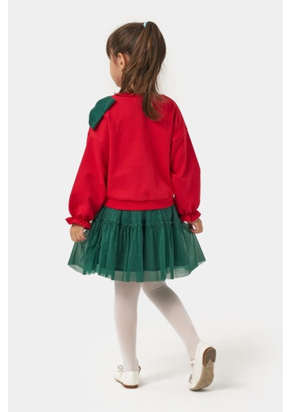Kız Çocuk Pamuklu Kırmızı Fiyonklu Sweatshirt Yeşil Tüllü Etekli Takım - Şık ve Konforlu Kombin modelleri