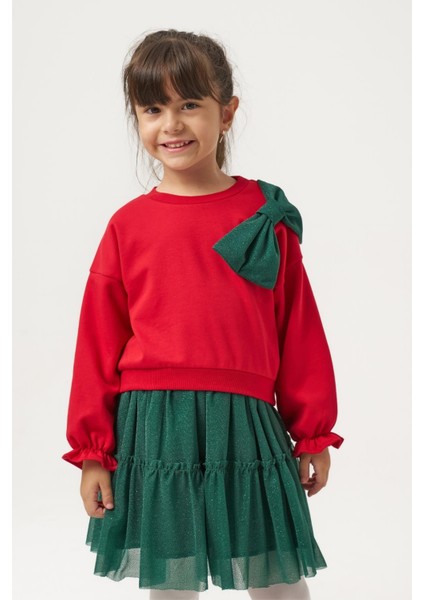 Kız Çocuk Pamuklu Kırmızı Fiyonklu Sweatshirt Yeşil Tüllü Etekli Takım - Şık ve Konforlu Kombin fırsatları
