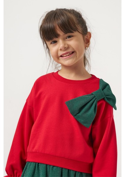 Kız Çocuk Pamuklu Kırmızı Fiyonklu Sweatshirt Yeşil Tüllü Etekli Takım - Şık ve Konforlu Kombin indirimleri