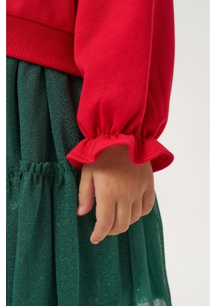 Kız Çocuk Pamuklu Kırmızı Fiyonklu Sweatshirt Yeşil Tüllü Etekli Takım - Şık ve Konforlu Kombin