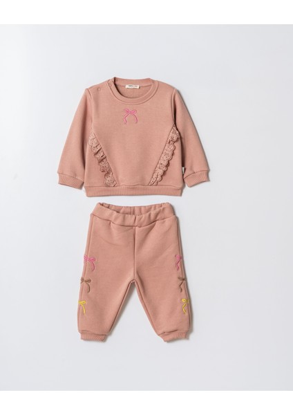 Kız Çocuk Pamuklu Pudra Dantel ve Fiyonk Detaylı Eşofman Takımı - Yumuşak Kumaşlı Iki Parça Set