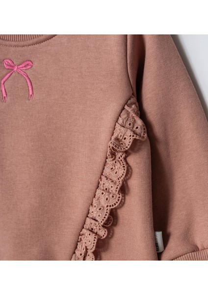 Kız Çocuk Pamuklu Pudra Dantel ve Fiyonk Detaylı Eşofman Takımı - Yumuşak Kumaşlı Iki Parça Set fiyatları