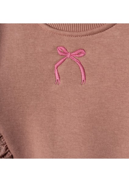 Kız Çocuk Pamuklu Pudra Dantel ve Fiyonk Detaylı Eşofman Takımı - Yumuşak Kumaşlı Iki Parça Set fırsatları