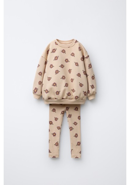 Kız Çocuk Pamuklu Bej Çiçek Desenli Sweatshirt ve Tayt Takımı - Yumuşak Dokulu