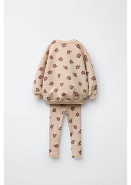Kız Çocuk Pamuklu Bej Çiçek Desenli Sweatshirt ve Tayt Takımı - Yumuşak Dokulu fiyatları