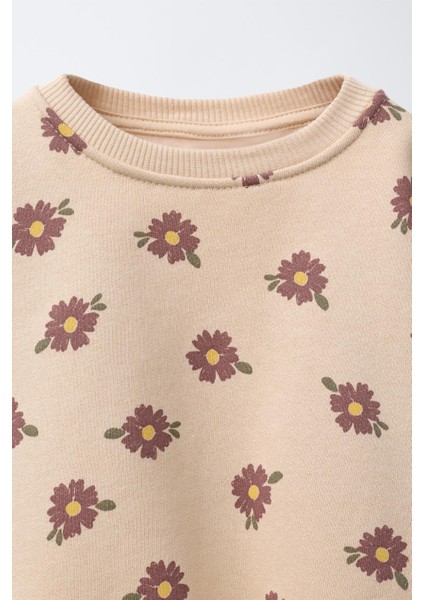 Kız Çocuk Pamuklu Bej Çiçek Desenli Sweatshirt ve Tayt Takımı - Yumuşak Dokulu modelleri