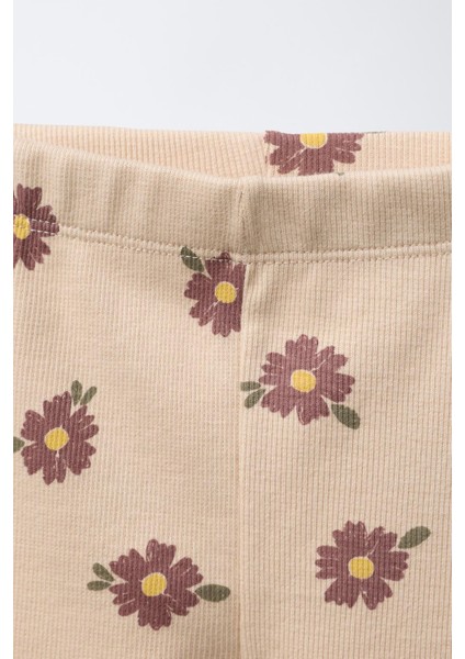 Kız Çocuk Pamuklu Bej Çiçek Desenli Sweatshirt ve Tayt Takımı - Yumuşak Dokulu fırsatları