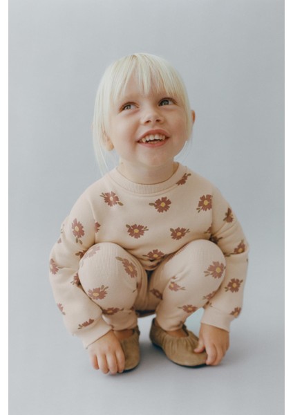 Kız Çocuk Pamuklu Bej Çiçek Desenli Sweatshirt ve Tayt Takımı - Yumuşak Dokulu indirimleri