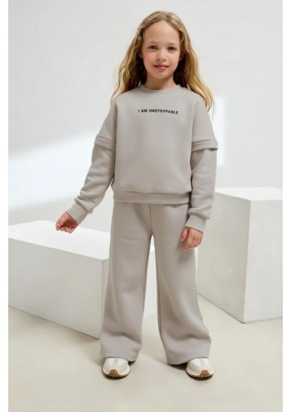 Kız Çocuk Pamuklu Yazı Baskılı Sweatshirt ve Palazzo Eşofman Takımı