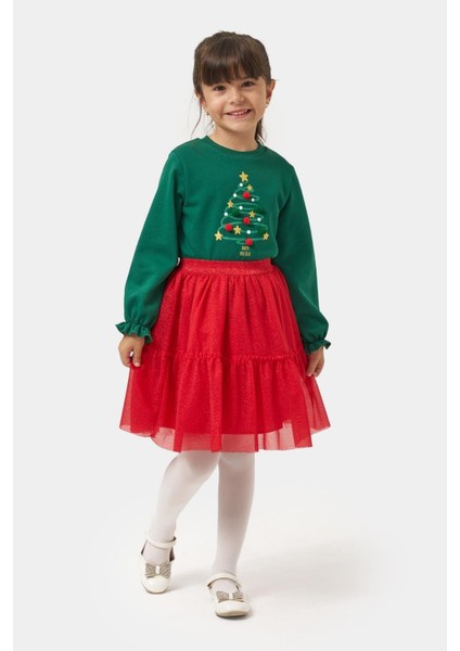 Kız Çocuk Pamuklu Yeşil Yılbaşı Ağaç Baskılı Uzun Kollu Kırmızı Tüllü Takım - Happy Holidays Temalı