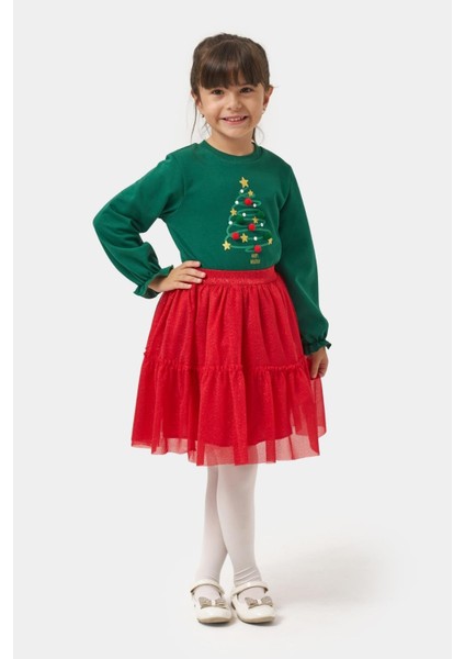 Kız Çocuk Pamuklu Yeşil Yılbaşı Ağaç Baskılı Uzun Kollu Kırmızı Tüllü Takım - Happy Holidays Temalı fiyatları