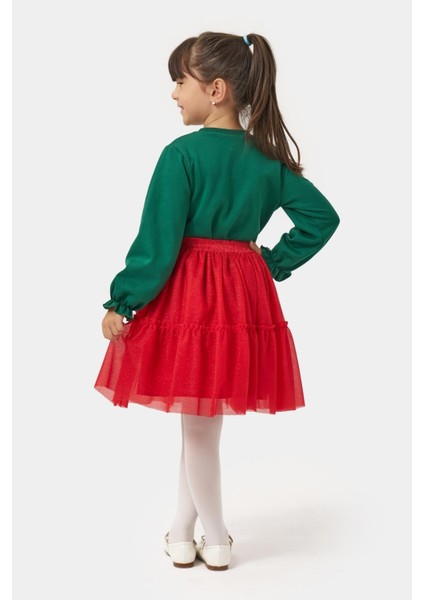 Kız Çocuk Pamuklu Yeşil Yılbaşı Ağaç Baskılı Uzun Kollu Kırmızı Tüllü Takım - Happy Holidays Temalı modelleri