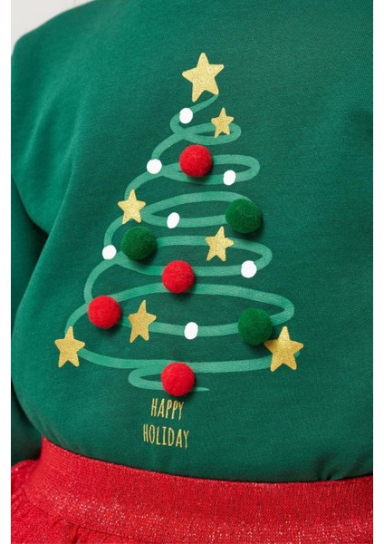 Kız Çocuk Pamuklu Yeşil Yılbaşı Ağaç Baskılı Uzun Kollu Kırmızı Tüllü Takım - Happy Holidays Temalı indirimleri