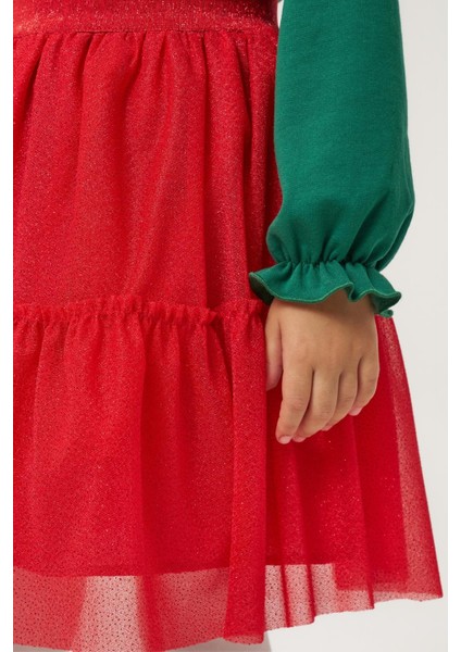 Kız Çocuk Pamuklu Yeşil Yılbaşı Ağaç Baskılı Uzun Kollu Kırmızı Tüllü Takım - Happy Holidays Temalı