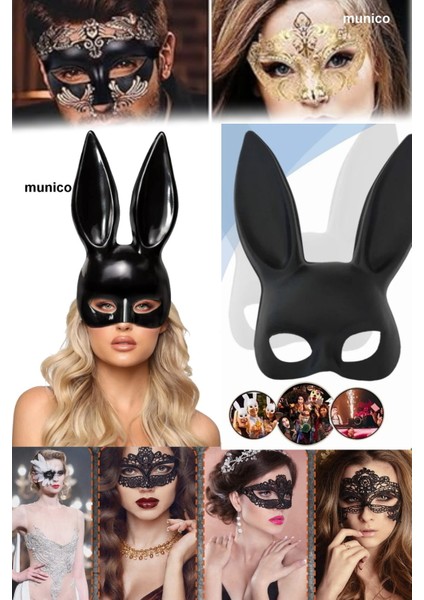 2 Adet Kostümlü Parti Sexy Siyah Renk Tavşan Maske Uzun Kulaklı, Lastikli Yapı | Maskeli Balo Tiktok