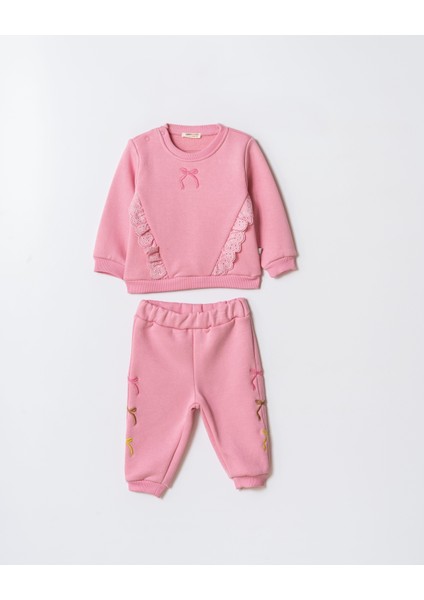 Kız Çocuk Pamuklu Pembe Dantel ve Fiyonk Detaylı Eşofman Takımı - Yumuşak Kumaşlı Iki Parça Set