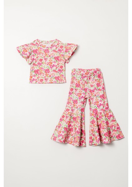 Pamuklu Kiraz Desenli Tişörtlü Kız Çocuk Ispanyol Paça Takım modelleri