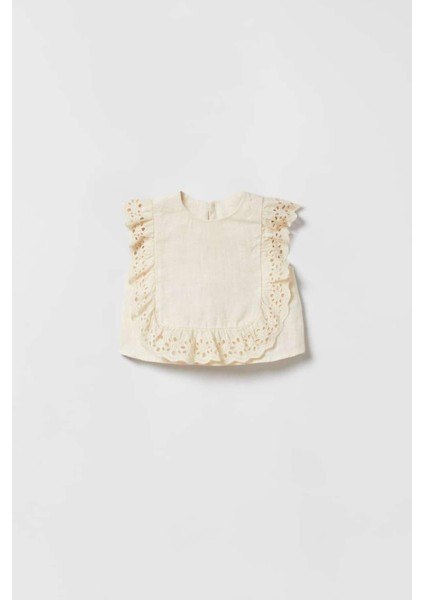 Kız Çocuk Ekru Dantel Şeritli Kontrast Keten Bluz Pantolon Alt-Üst Takım