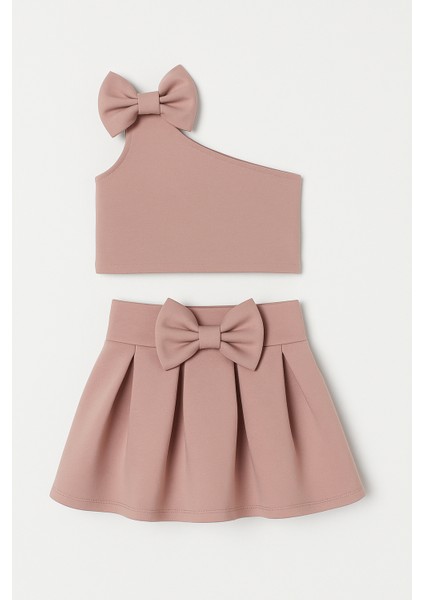 Kız Çocuk Pamuklu Gülkurusu Fiyonklu Etekli Takım - Asimetrik Omuz Detaylı