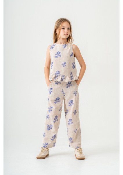 Kız Çocuk Ekru Çiçek Desenli Poplin Keten Bluz ve Pantolon Takımı