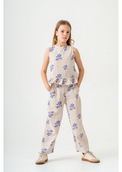 Kız Çocuk Ekru Çiçek Desenli Poplin Keten Bluz ve Pantolon Takımı fırsatları