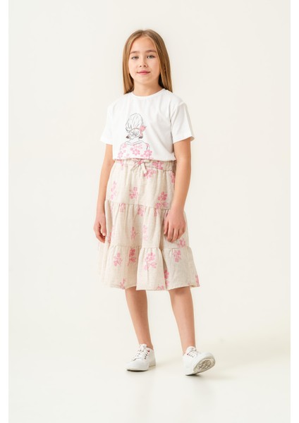 Kız Çocuk Pamuklu Çiçek Desenli T-Shirt ve Etek Takım