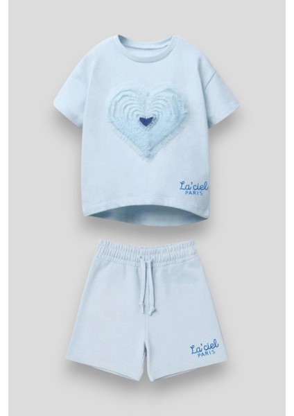 Kız Çocuk Pamuklu Açık Mavi Kalp Desenli Şortlu Takım - La'ciel Paris Yazılı