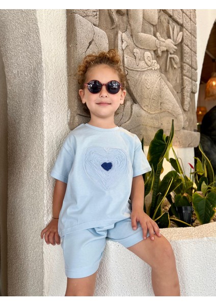 Kız Çocuk Pamuklu Açık Mavi Kalp Desenli Şortlu Takım - La'ciel Paris Yazılı modelleri