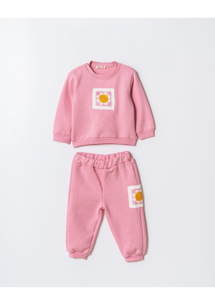 Kız Çocuk Pamuklu Pembe Çiçek Patch Nakışlı Sweatshirt ve Eşofman Takım