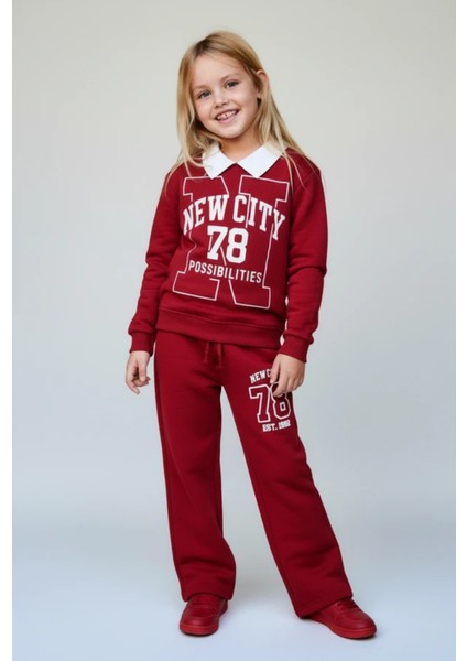 Kız Çocuk Pamuklu Bordo New City 78 Baskılı Eşofman Takımı - Rahat Kalıp