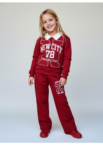 Kız Çocuk Pamuklu Bordo New City 78 Baskılı Eşofman Takımı - Rahat Kalıp fiyatları