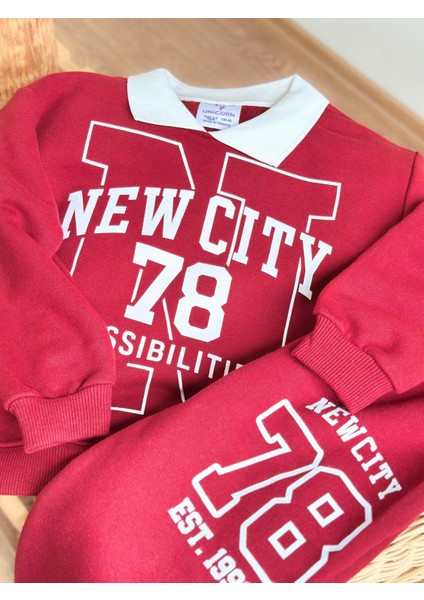 Kız Çocuk Pamuklu Bordo New City 78 Baskılı Eşofman Takımı - Rahat Kalıp indirimleri
