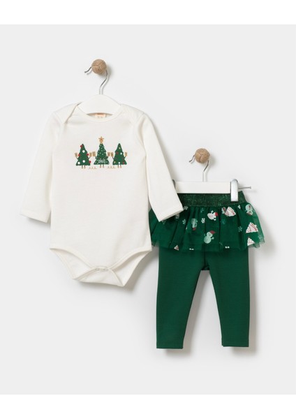 Kız Bebek Pamuklu Beyaz Noel Temalı Body ve Bebek Tül Etekli Tayt Takım