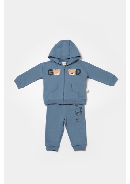 Bebek Pamuklu Mavi Kapüşonlu Ayıcık Baskılı Eşofman Takımı - Iki Parça