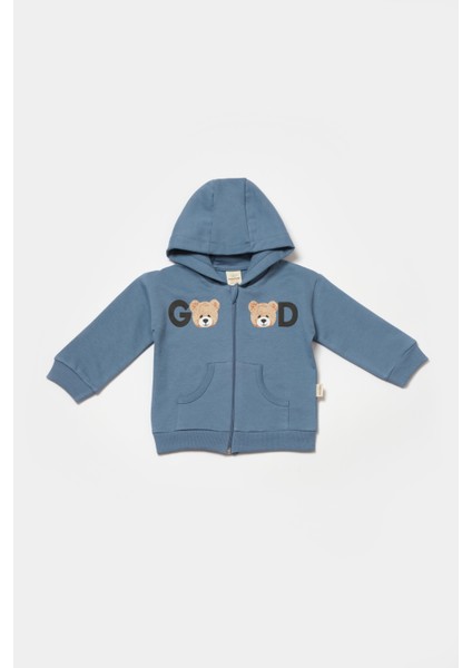 Bebek Pamuklu Mavi Kapüşonlu Ayıcık Baskılı Eşofman Takımı - Iki Parça modelleri