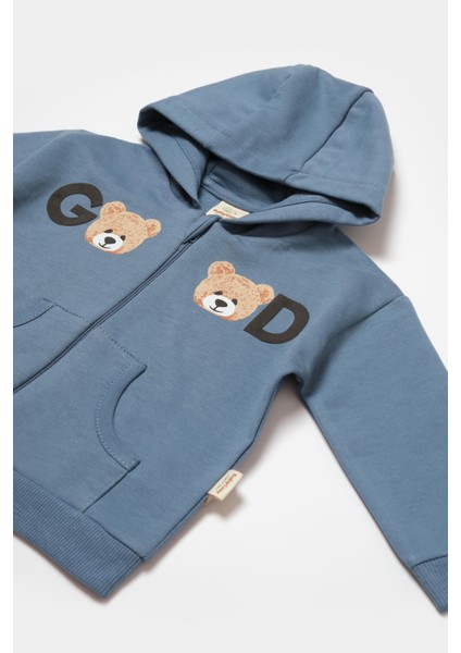 Bebek Pamuklu Mavi Kapüşonlu Ayıcık Baskılı Eşofman Takımı - Iki Parça fırsatları