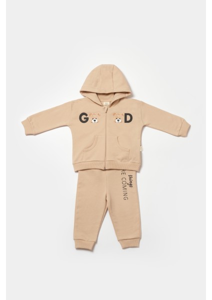 Bebek Pamuklu Bej Kapüşonlu Ayıcık Baskılı Eşofman Takımı - Iki Parça