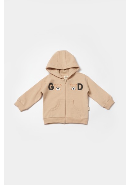 Bebek Pamuklu Bej Kapüşonlu Ayıcık Baskılı Eşofman Takımı - Iki Parça fiyatları