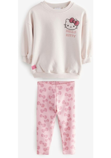 Kız Çocuk Pamuklu Pudra Sweatshirt ve Desenli Tayt Takım – Fiyonklu Tasarım