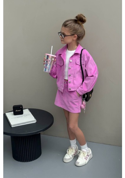 Kız Çocuk Pamuklu Fuşya Ceketli Etek Takım - Düğme Detaylı Crop Ceket