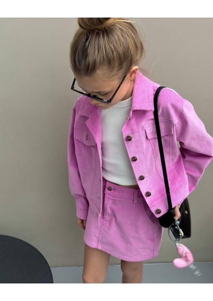 Kız Çocuk Pamuklu Fuşya Ceketli Etek Takım - Düğme Detaylı Crop Ceket modelleri
