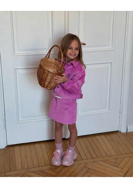 Kız Çocuk Pamuklu Fuşya Ceketli Etek Takım - Düğme Detaylı Crop Ceket