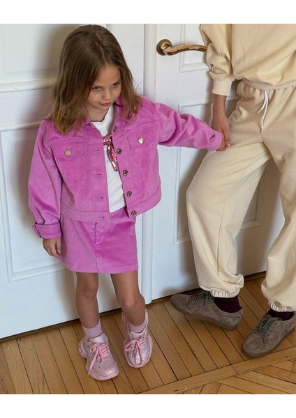 Kız Çocuk Pamuklu Fuşya Ceketli Etek Takım - Düğme Detaylı Crop Ceket