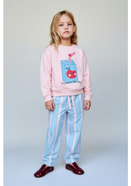 Kız Çocuk Pamuklu Pembe Squeeze The Day Baskılı Eşofman Takımı - Çizgili Alt Model