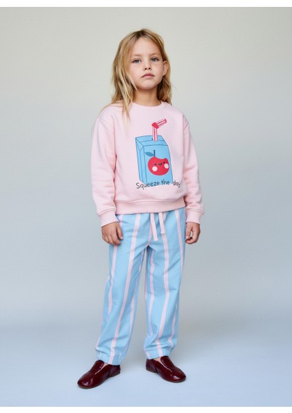 Kız Çocuk Pamuklu Pembe Squeeze The Day Baskılı Eşofman Takımı - Çizgili Alt Model fiyatları