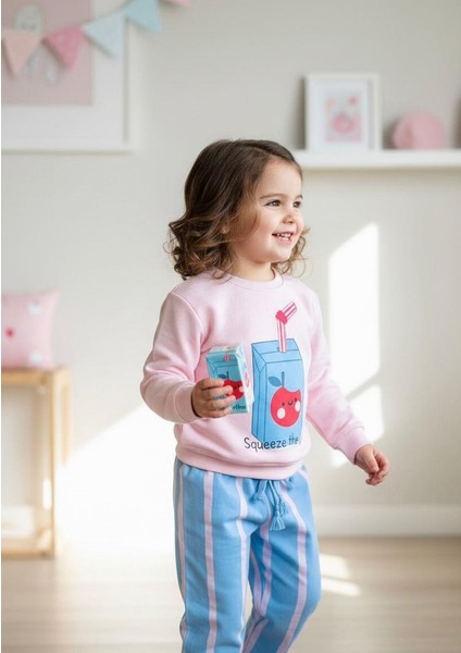 Kız Çocuk Pamuklu Pembe Squeeze The Day Baskılı Eşofman Takımı - Çizgili Alt Model modelleri